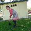 Karen Maber daughter of Margaret Slowgrove playing Vigoro with her Mum at Booralee Park, Botany